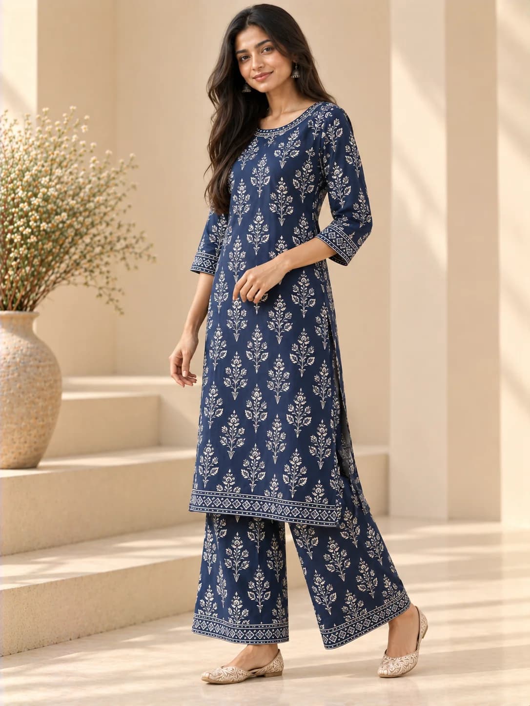 Navy Blue Printed Straight Kurta & Palazzo Set product image — Navy Blue thumbnail 2