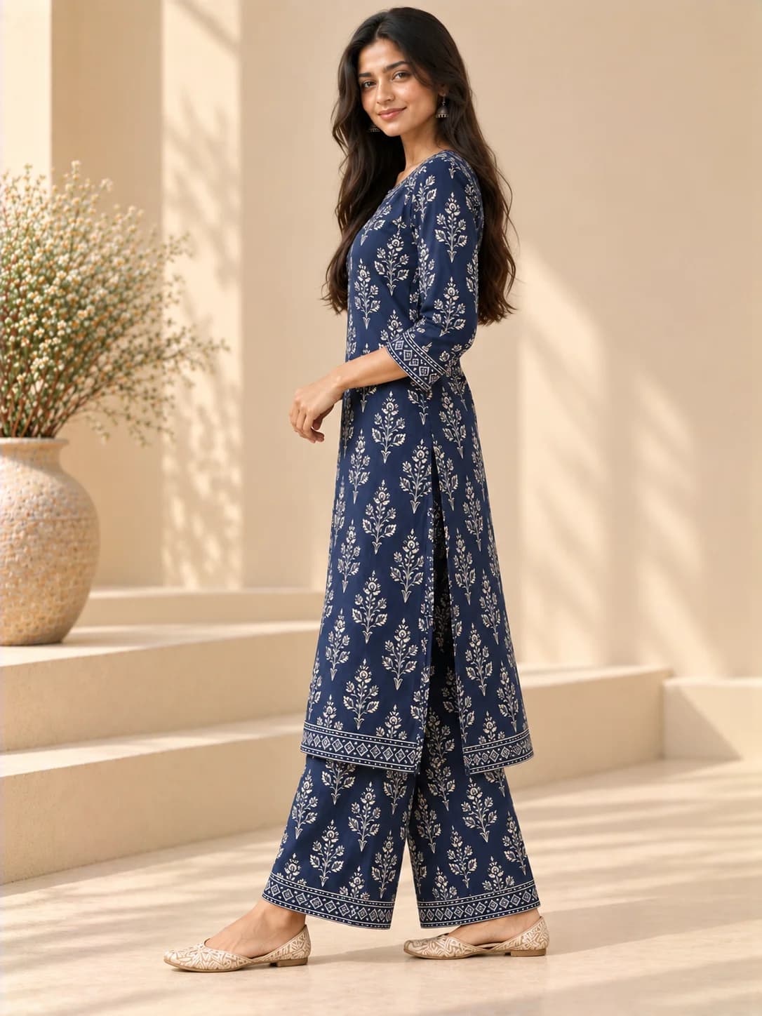 Navy Blue Printed Straight Kurta & Palazzo Set product image — Navy Blue thumbnail 3