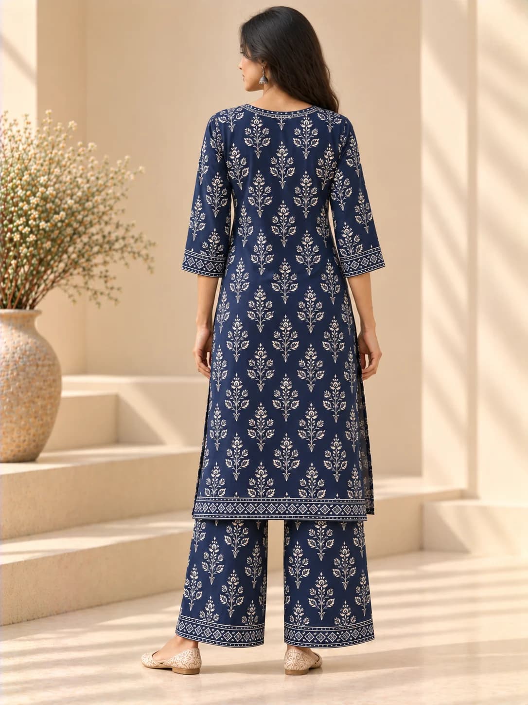 Navy Blue Printed Straight Kurta & Palazzo Set product image — Navy Blue thumbnail 4