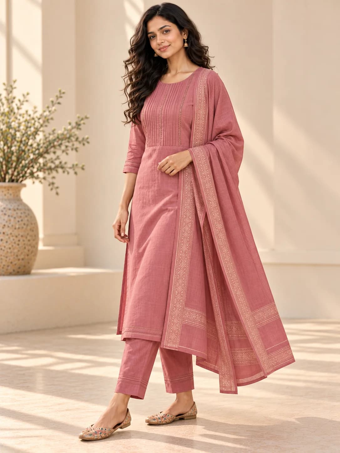 Old Rose Cotton Straight Suit Set product image — Old Rose thumbnail 2