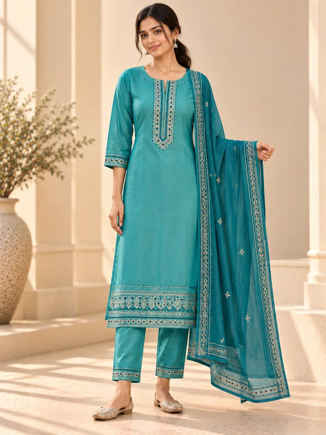 Turquoise Viscose Rayon Embroidered Kurta Set product image — Turquoise — image 1
