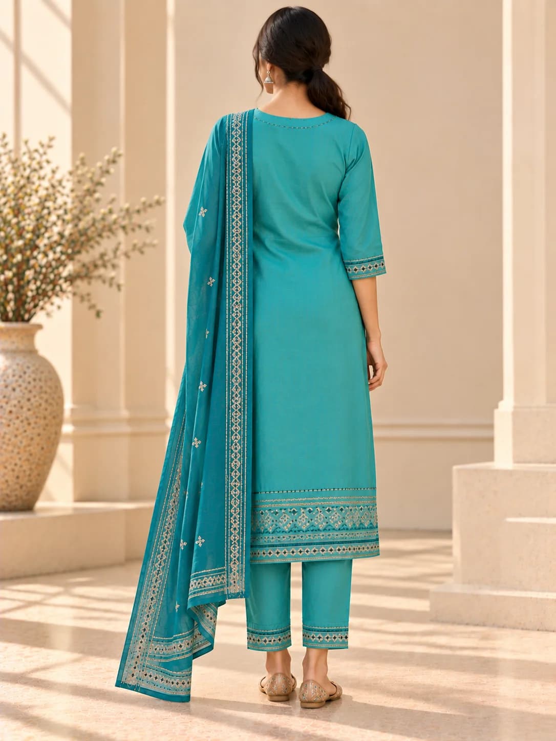 Turquoise Viscose Rayon Embroidered Kurta Set product image — Turquoise thumbnail 4