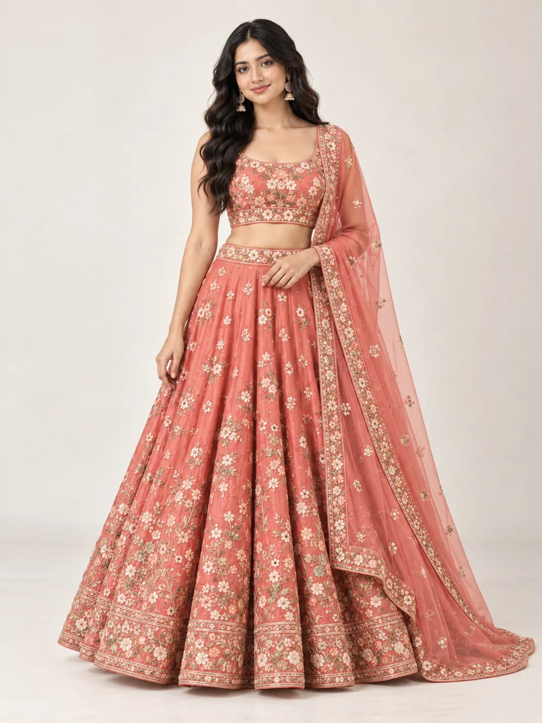 Coral Floral Embroidered Lehenga Set product image — Coral — image 1