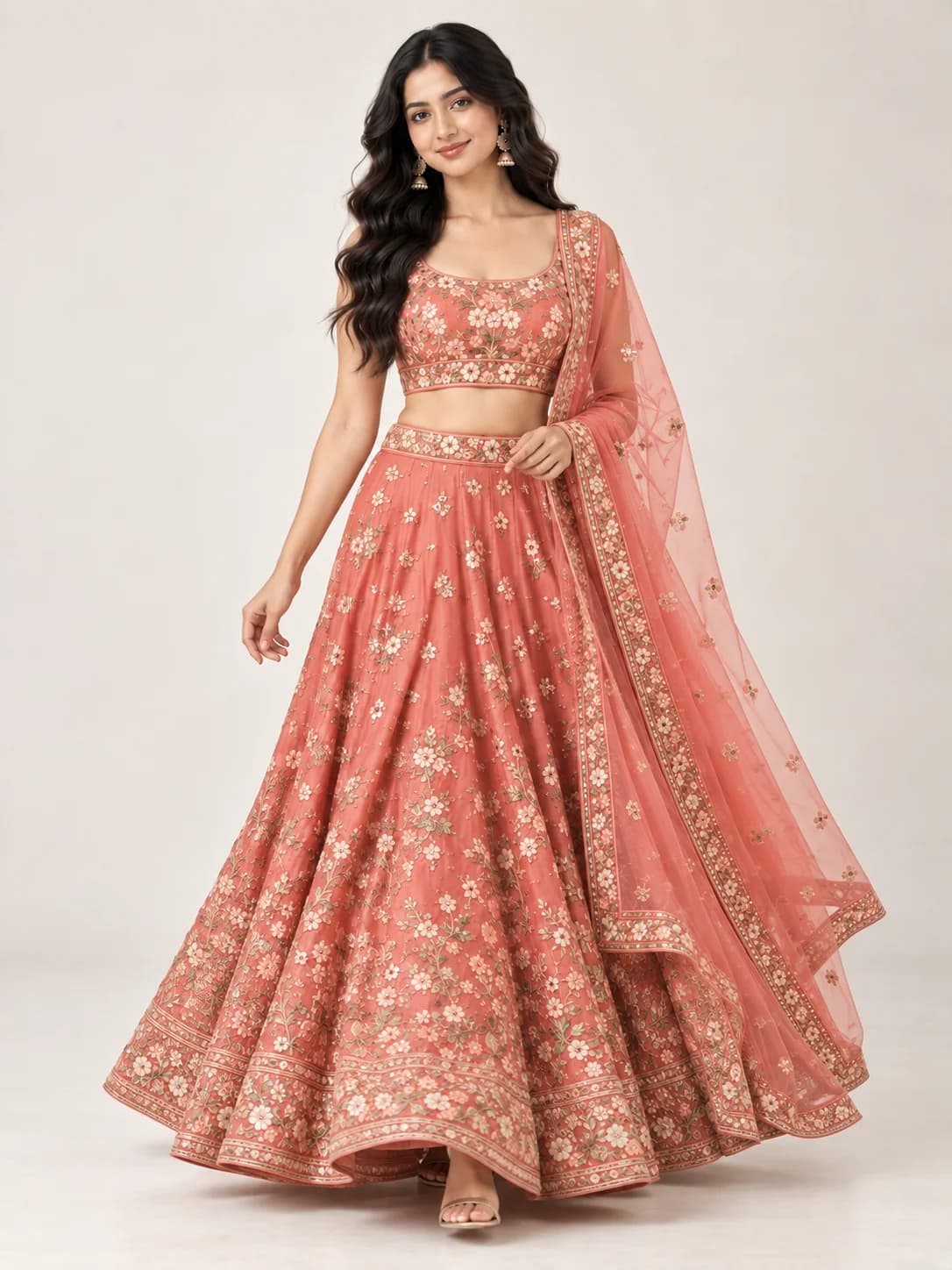 Coral Floral Embroidered Lehenga Set product image — Coral thumbnail 2