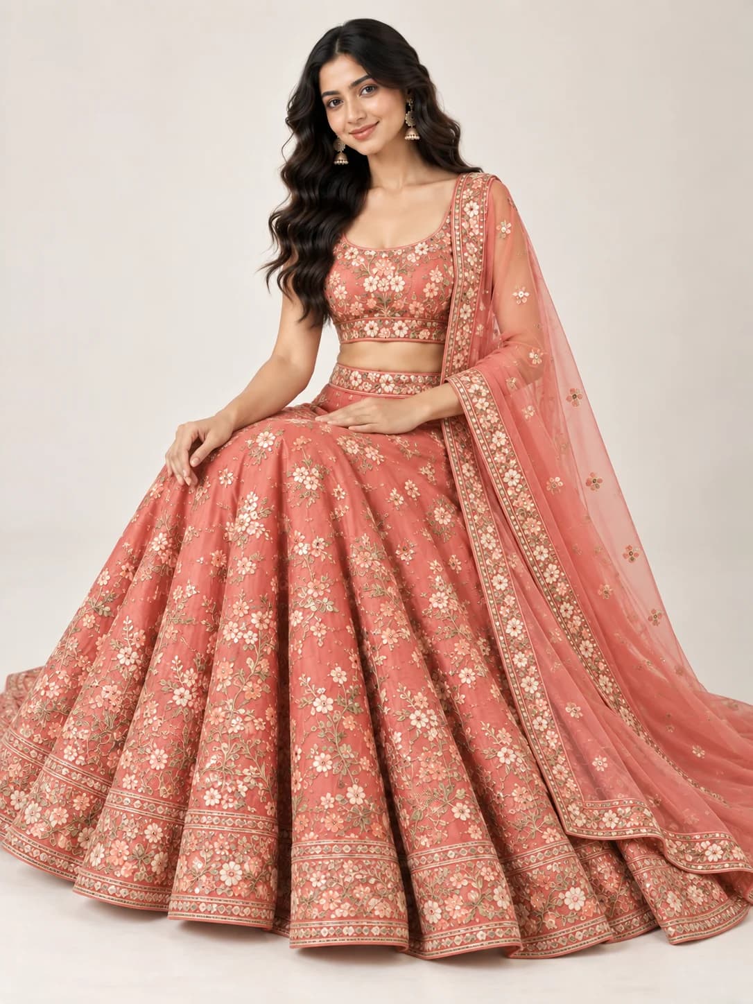 Coral Floral Embroidered Lehenga Set product image — Coral thumbnail 3