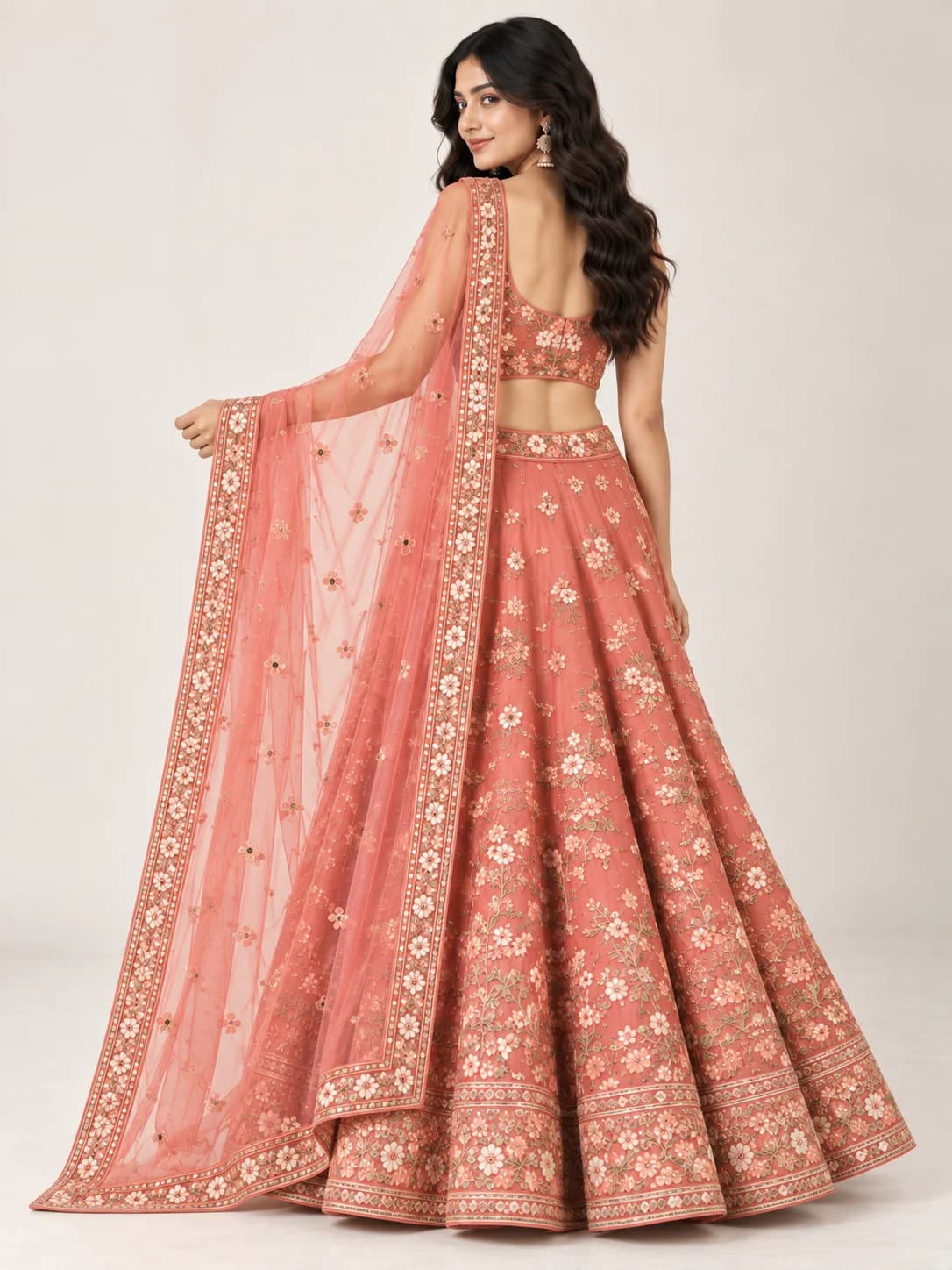 Coral Floral Embroidered Lehenga Set product image — Coral thumbnail 4