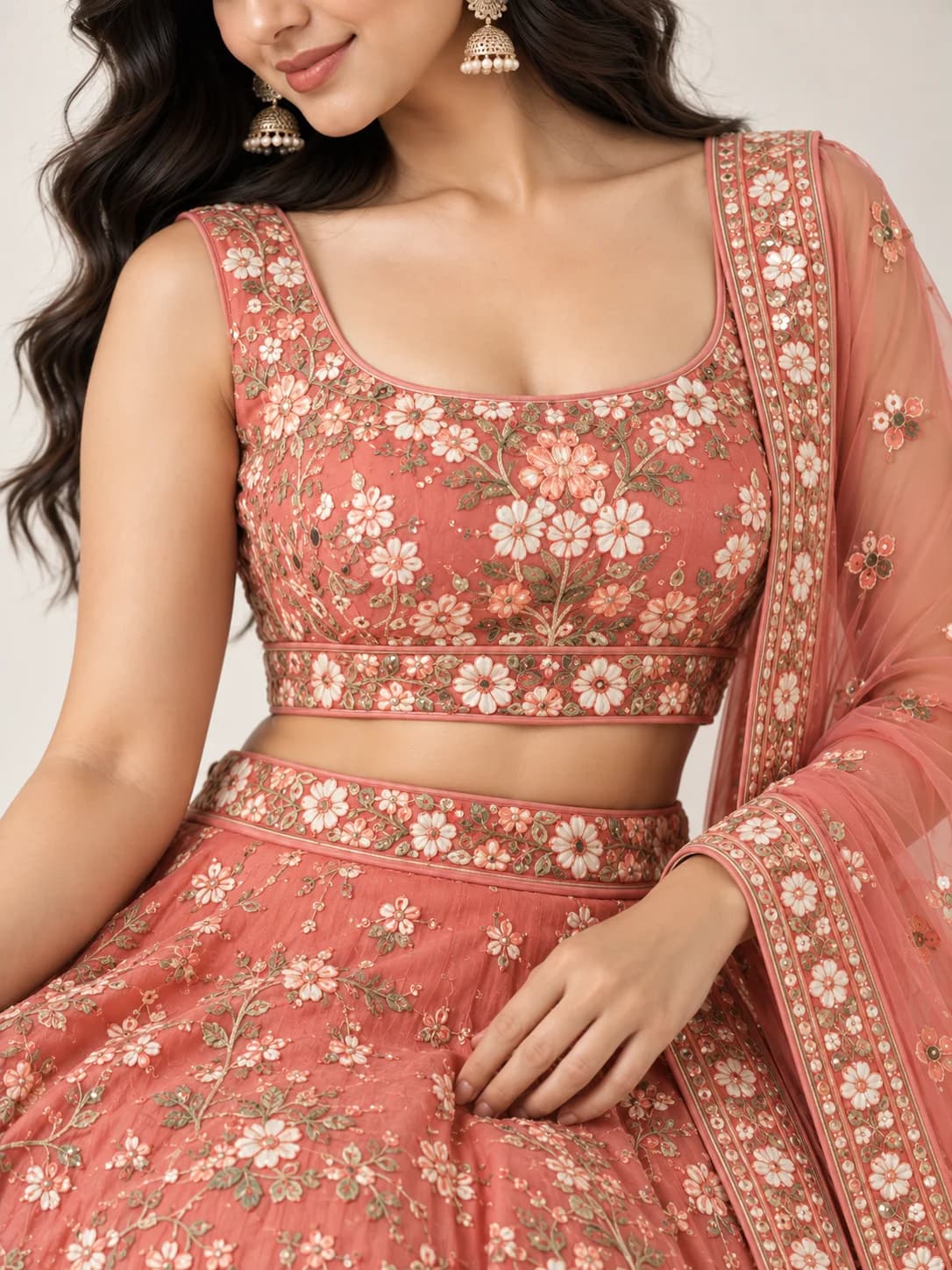 Coral Floral Embroidered Lehenga Set product image — Coral thumbnail 5