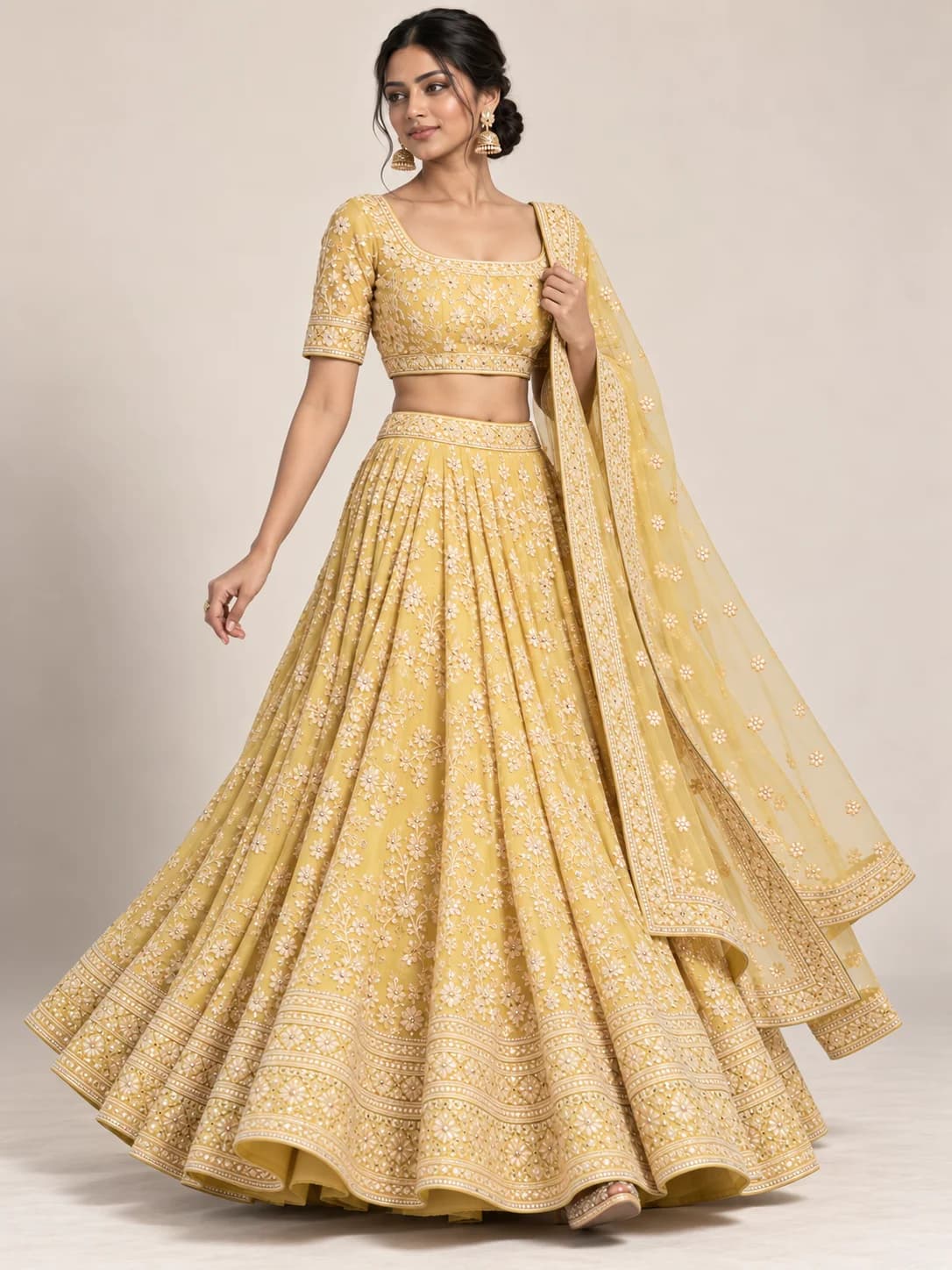 Lemon Yellow Thread Work Lehenga Set product image — Lemon Yellow thumbnail 3