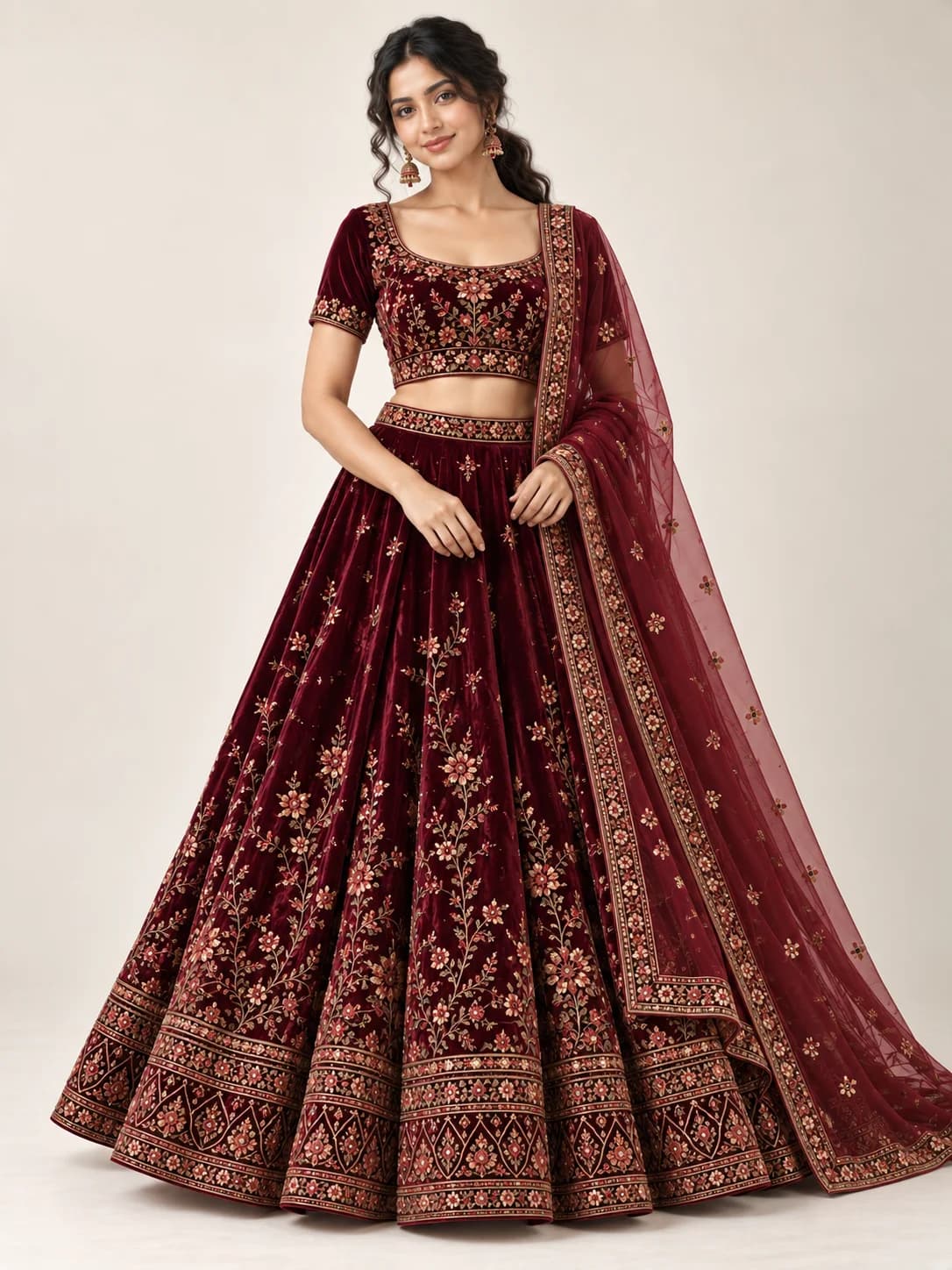 Wine Velvet Lehenga Set product image — Wine — image 1