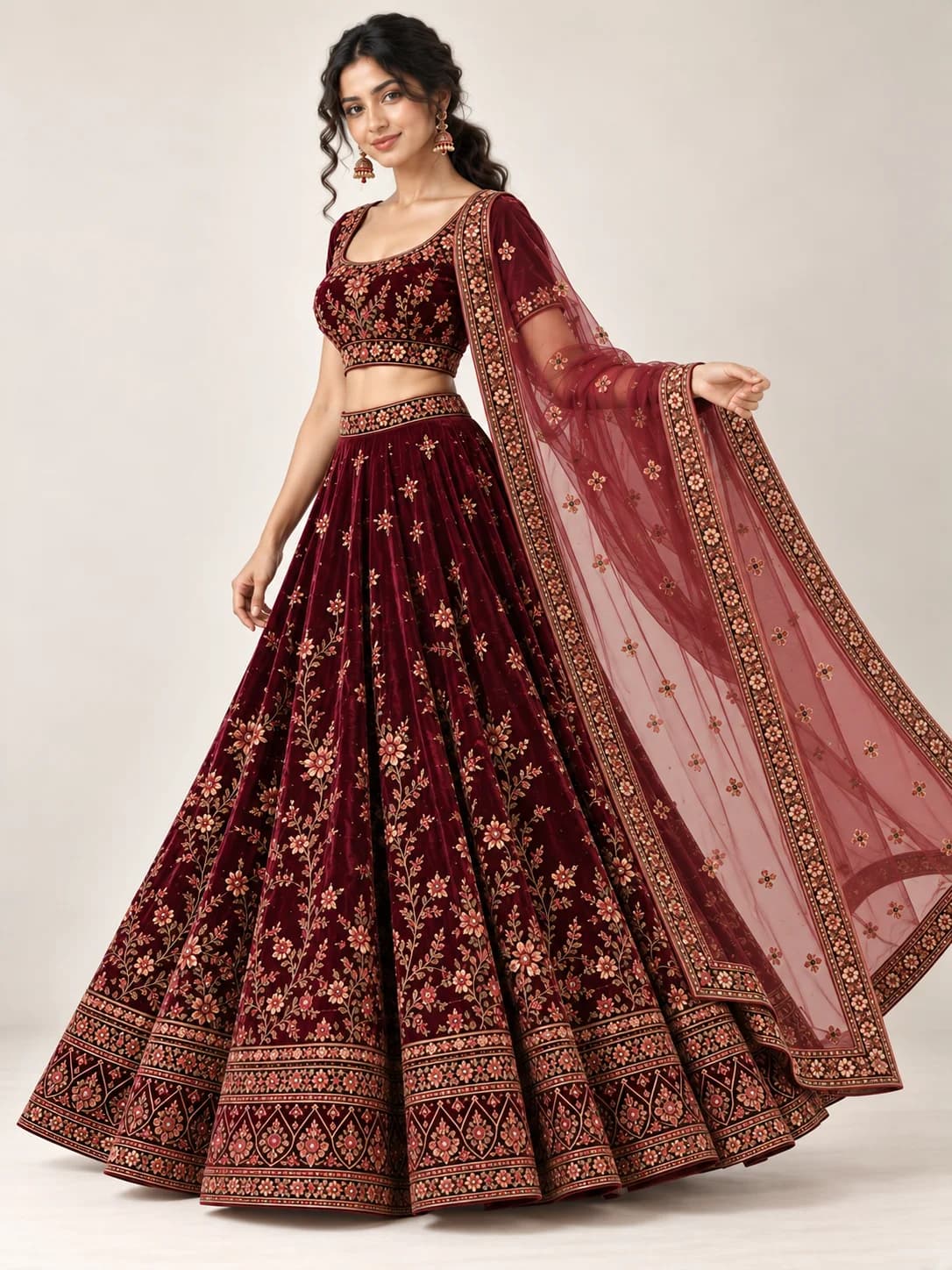 Wine Velvet Lehenga Set product image — Wine thumbnail 2