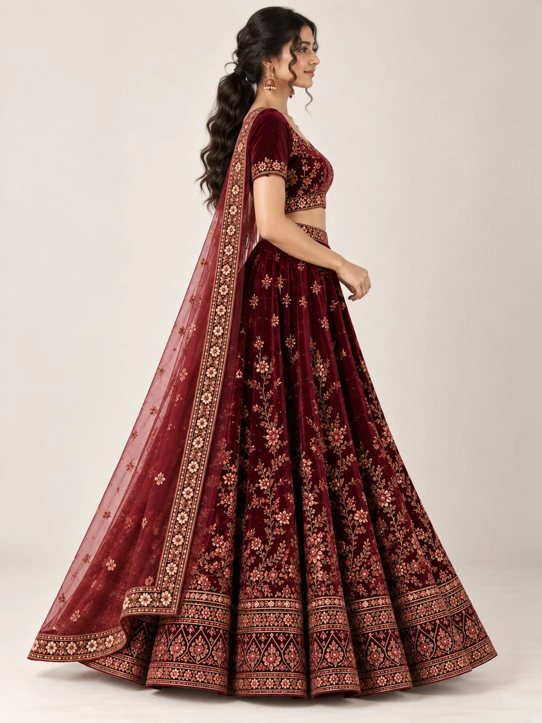 Wine Velvet Lehenga Set product image — Wine thumbnail 3