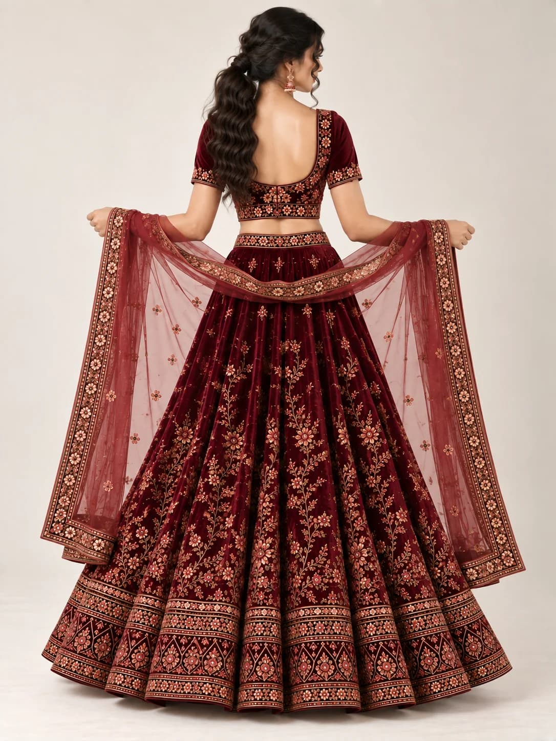 Wine Velvet Lehenga Set product image — Wine thumbnail 4