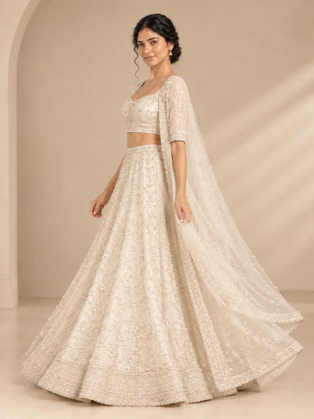 White Pearl Bridal Lehenga Set product image — White thumbnail 3