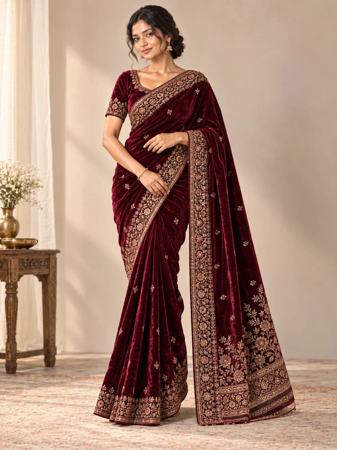 Burgundy Velvet Embroidered Saree product image — Burgundy — image 1