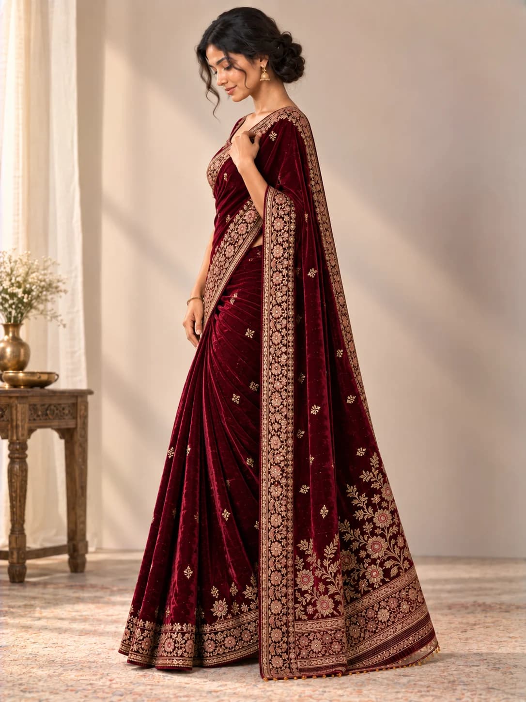 Burgundy Velvet Embroidered Saree product image — Burgundy thumbnail 3