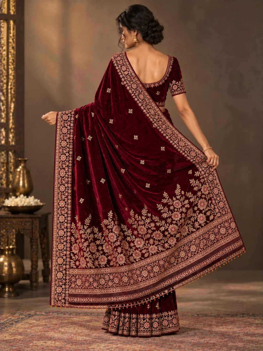 Burgundy Velvet Embroidered Saree product image — Burgundy thumbnail 4