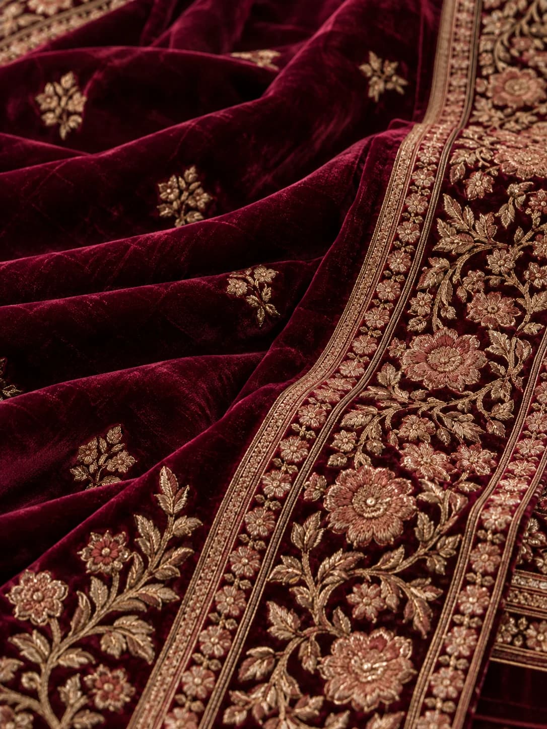 Burgundy Velvet Embroidered Saree product image — Burgundy thumbnail 5