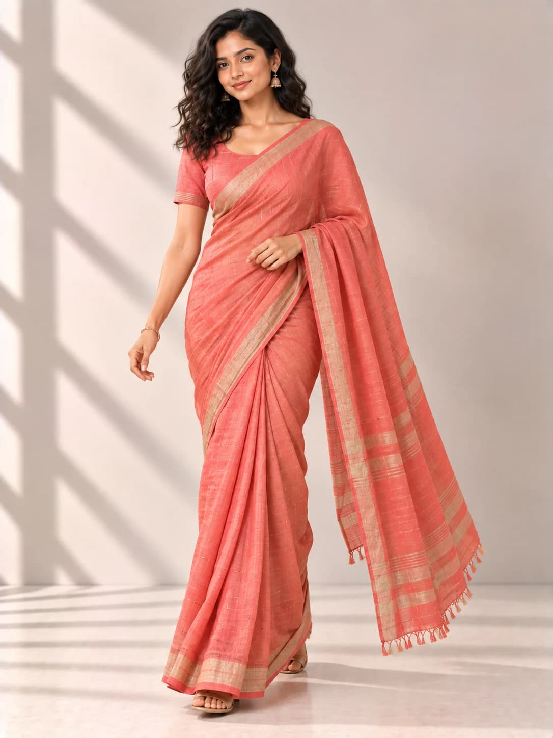 Coral Linen Handloom Saree product image — Coral thumbnail 2