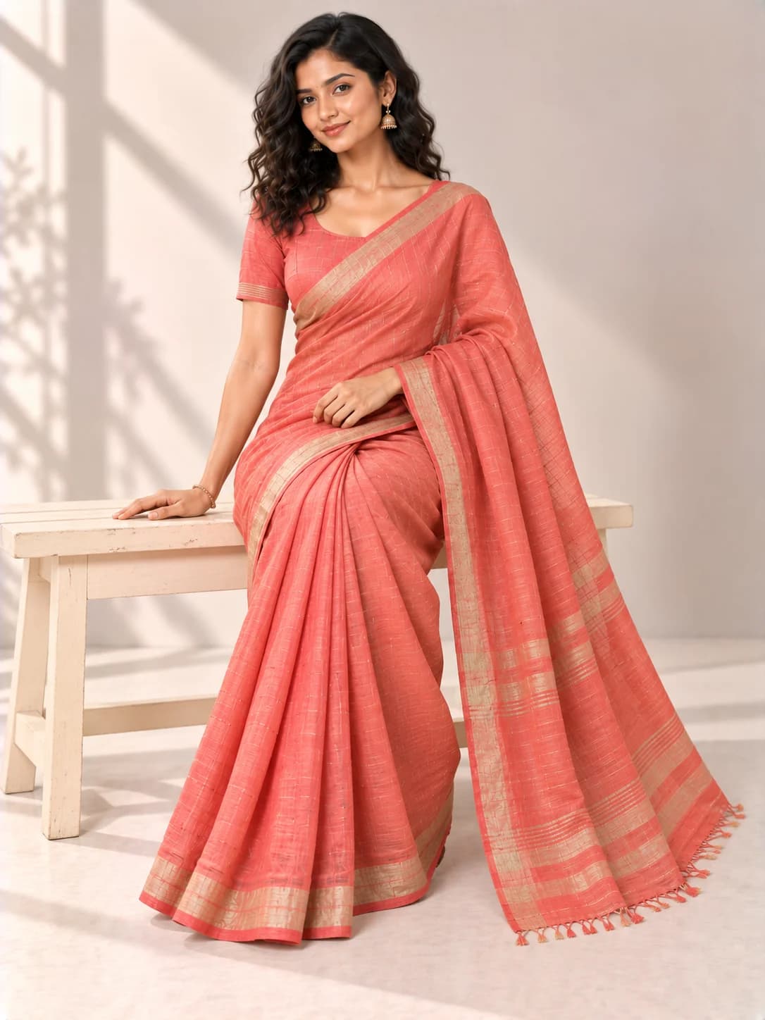 Coral Linen Handloom Saree product image — Coral thumbnail 3