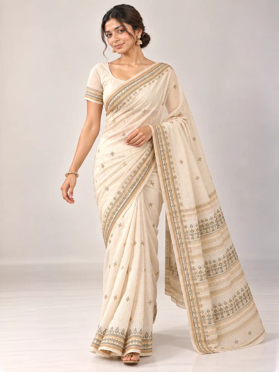 Ivory Cotton Tant Saree product image — Ivory thumbnail 2