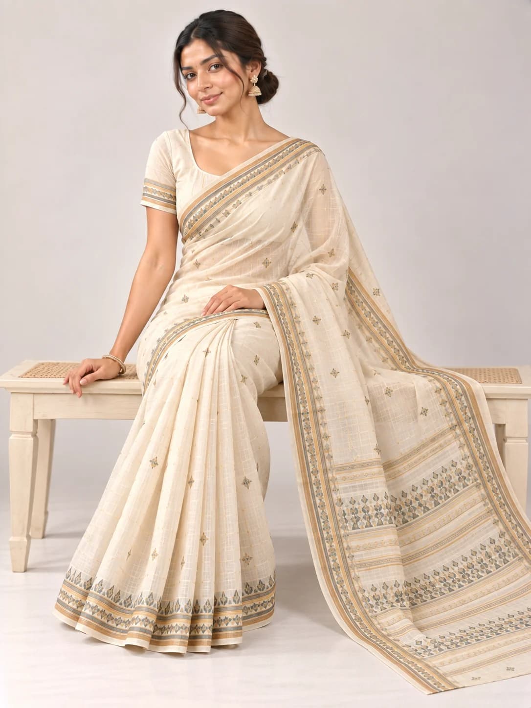Ivory Cotton Tant Saree product image — Ivory thumbnail 3