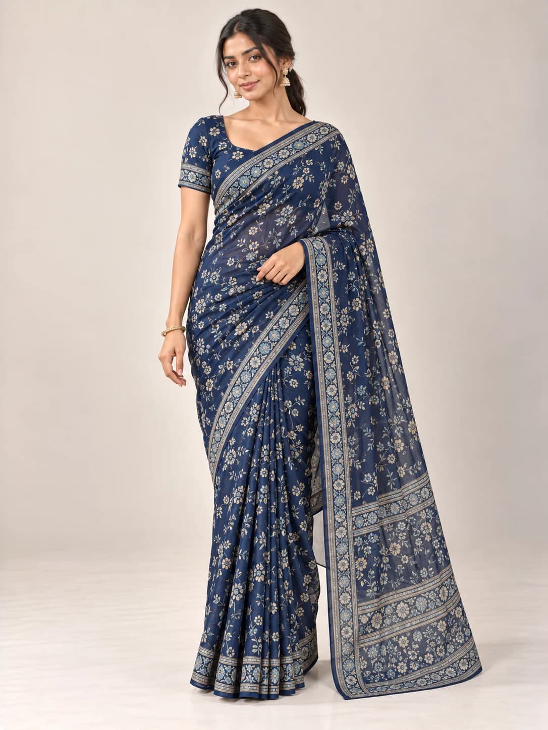 Navy Blue Georgette Printed Saree product image — Navy Blue — image 1
