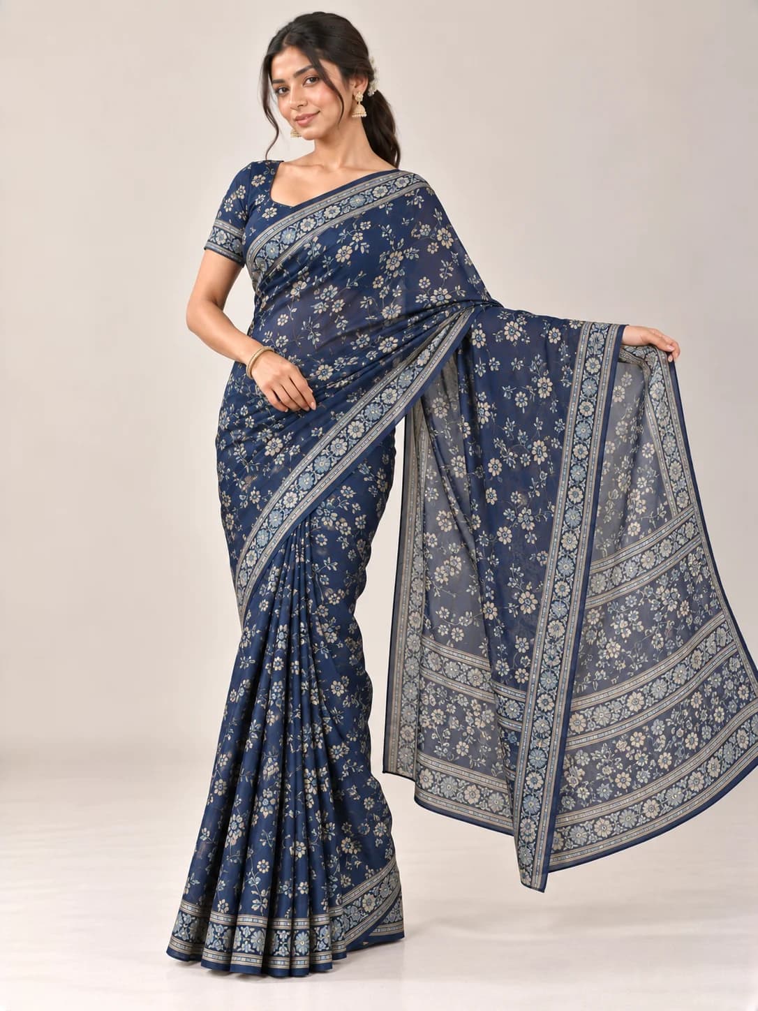 Navy Blue Georgette Printed Saree product image — Navy Blue thumbnail 2