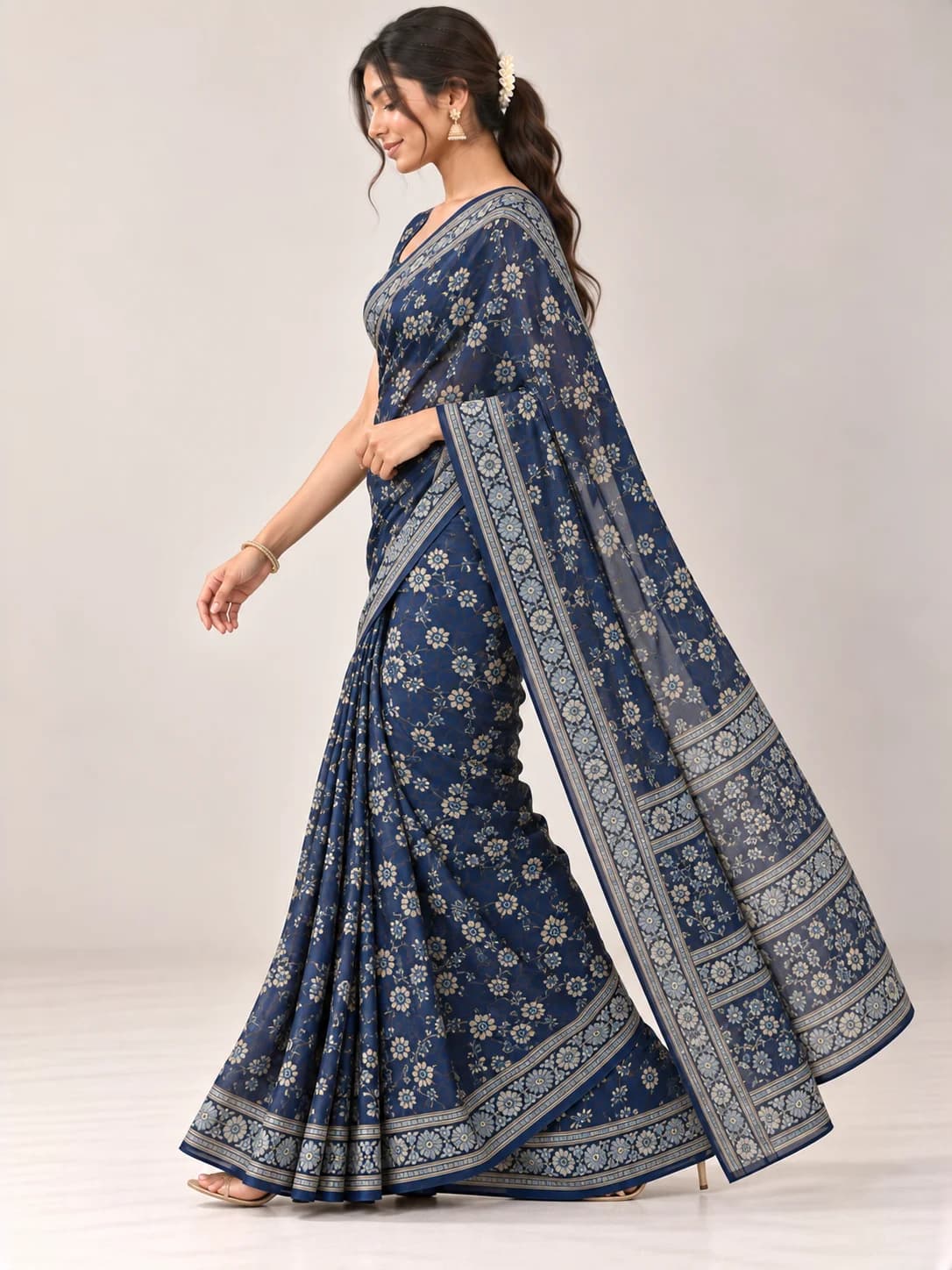 Navy Blue Georgette Printed Saree product image — Navy Blue thumbnail 4