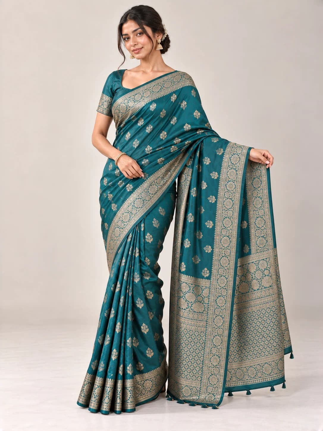 Teal Banarasi Silk Saree product image — Teal thumbnail 2
