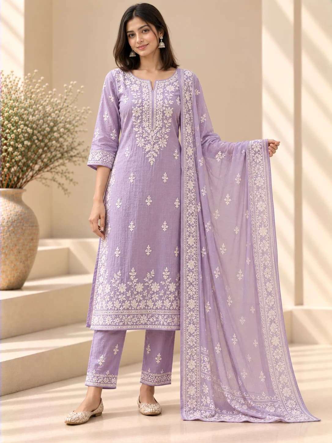 Lavender Cotton Lucknowi Suit Set product image — Lavender — image 1