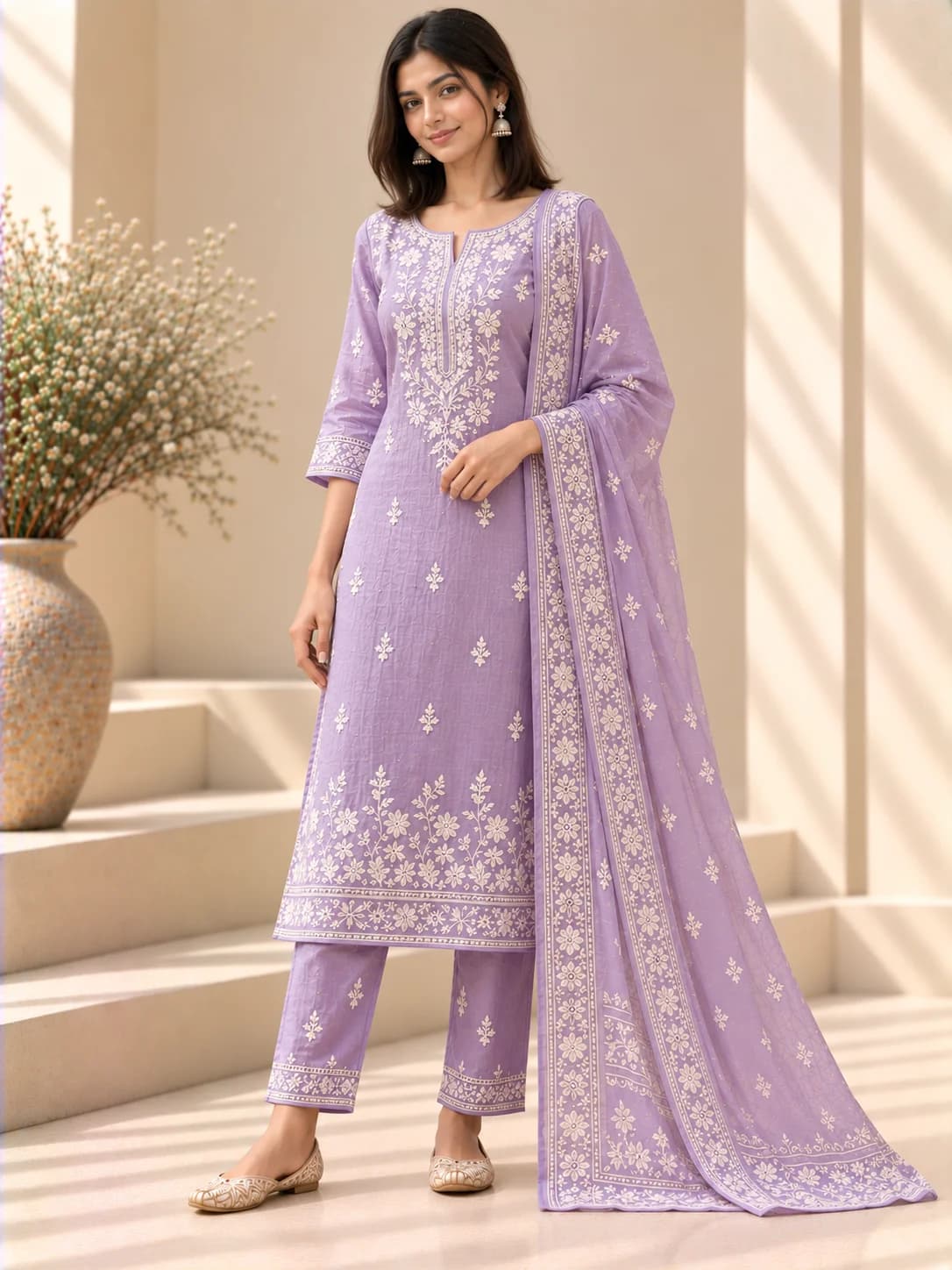 Lavender Cotton Lucknowi Suit Set product image — Lavender thumbnail 2