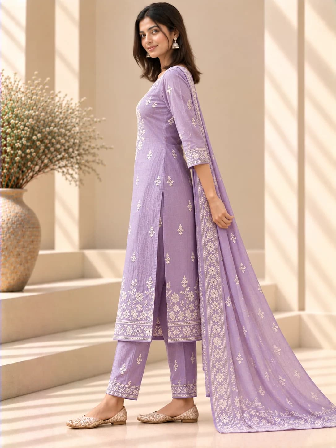 Lavender Cotton Lucknowi Suit Set product image — Lavender thumbnail 3