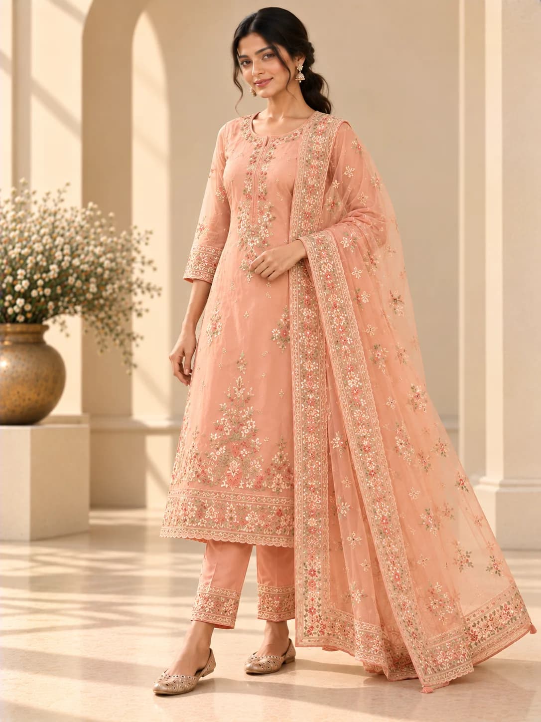 Peach Organza Embroidered Suit Set product image — Peach thumbnail 2