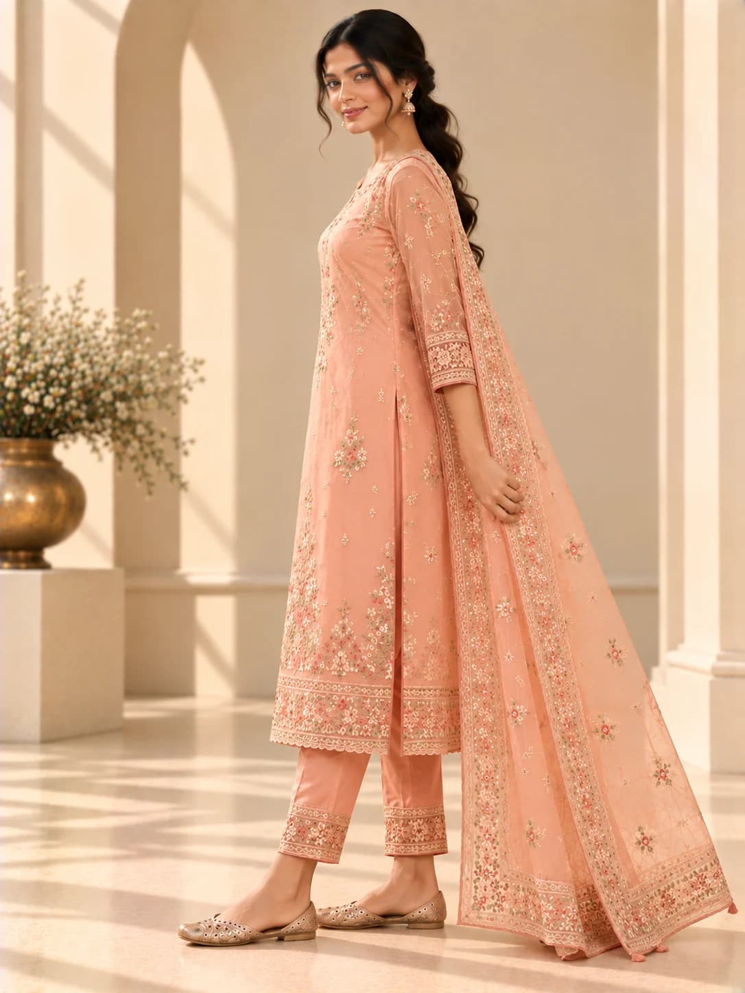 Peach Organza Embroidered Suit Set product image — Peach thumbnail 3