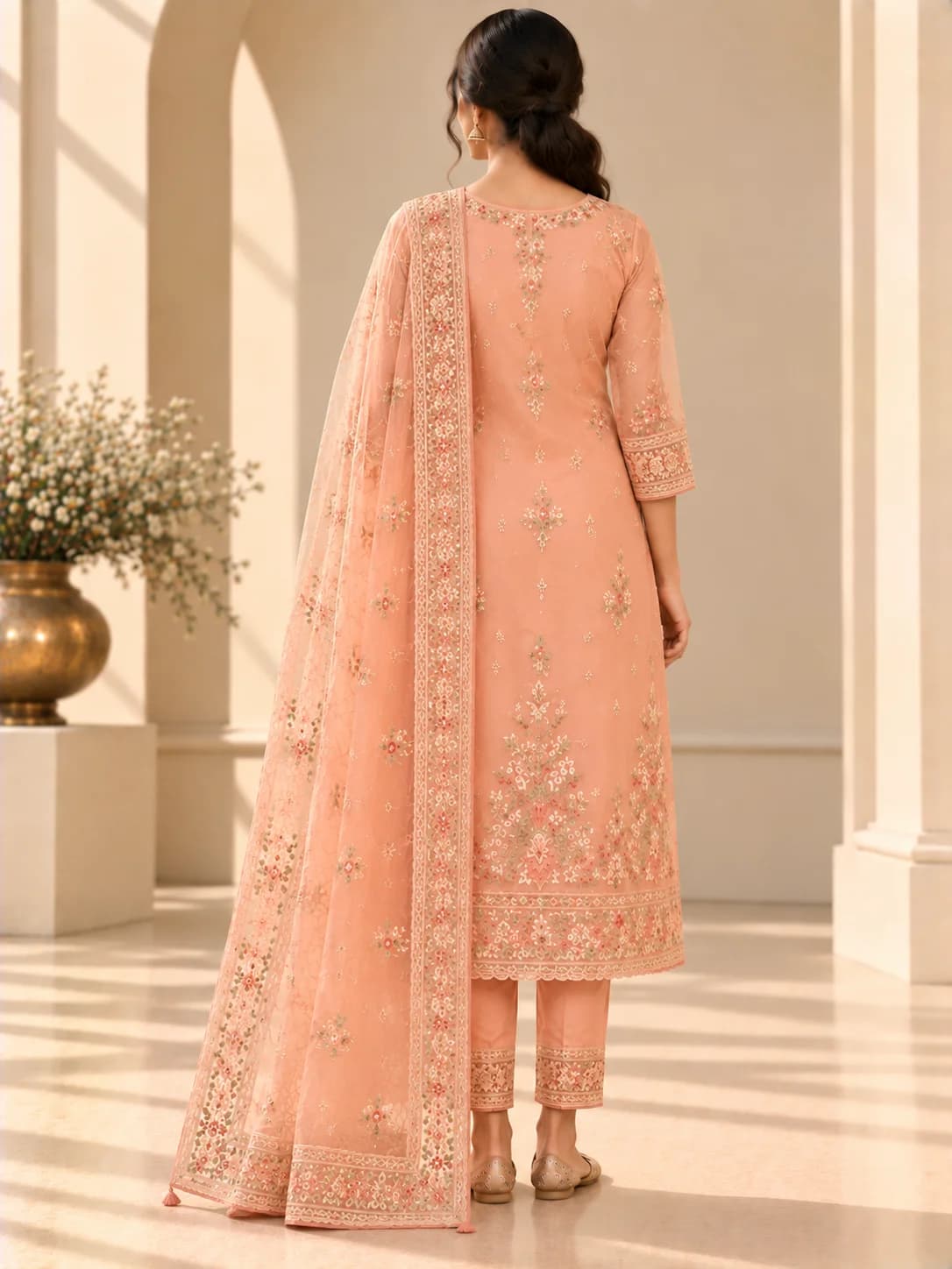 Peach Organza Embroidered Suit Set product image — Peach thumbnail 4