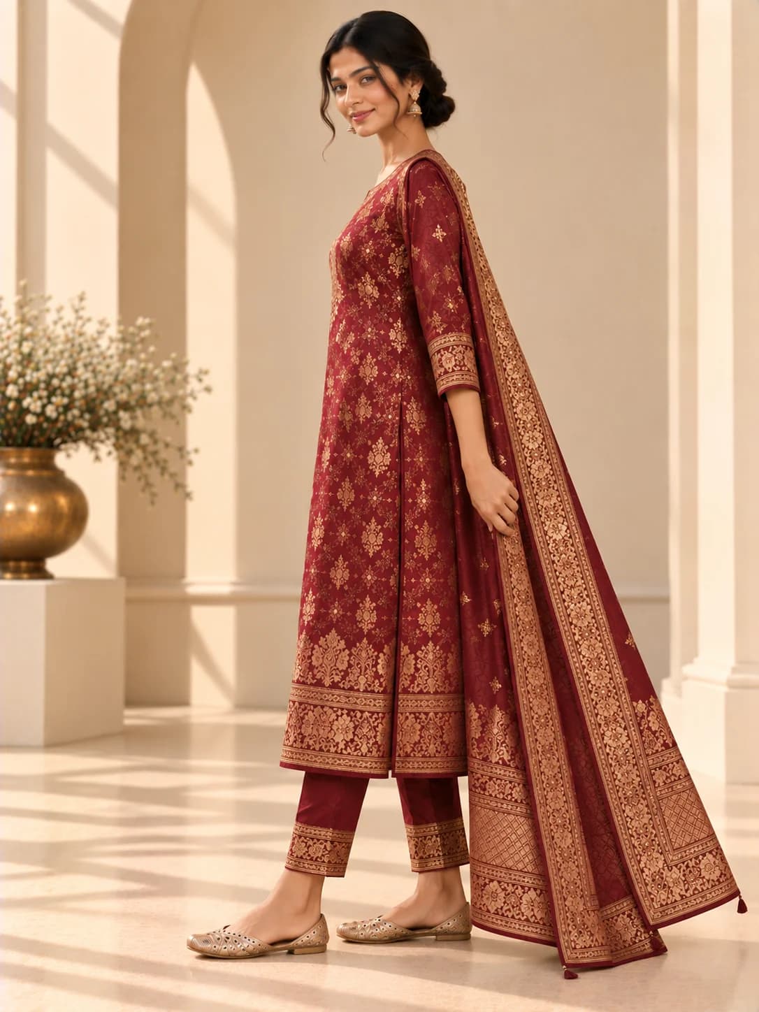 Wine Banaras Brocade Suit Set product image — Wine thumbnail 3
