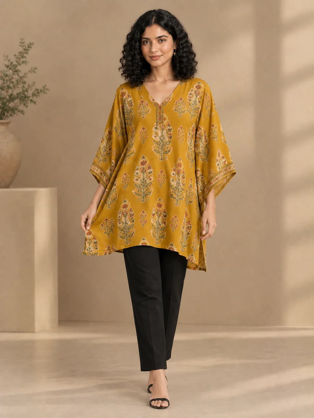 Mustard Block-Print Kaftan Top product image — Mustard — image 1