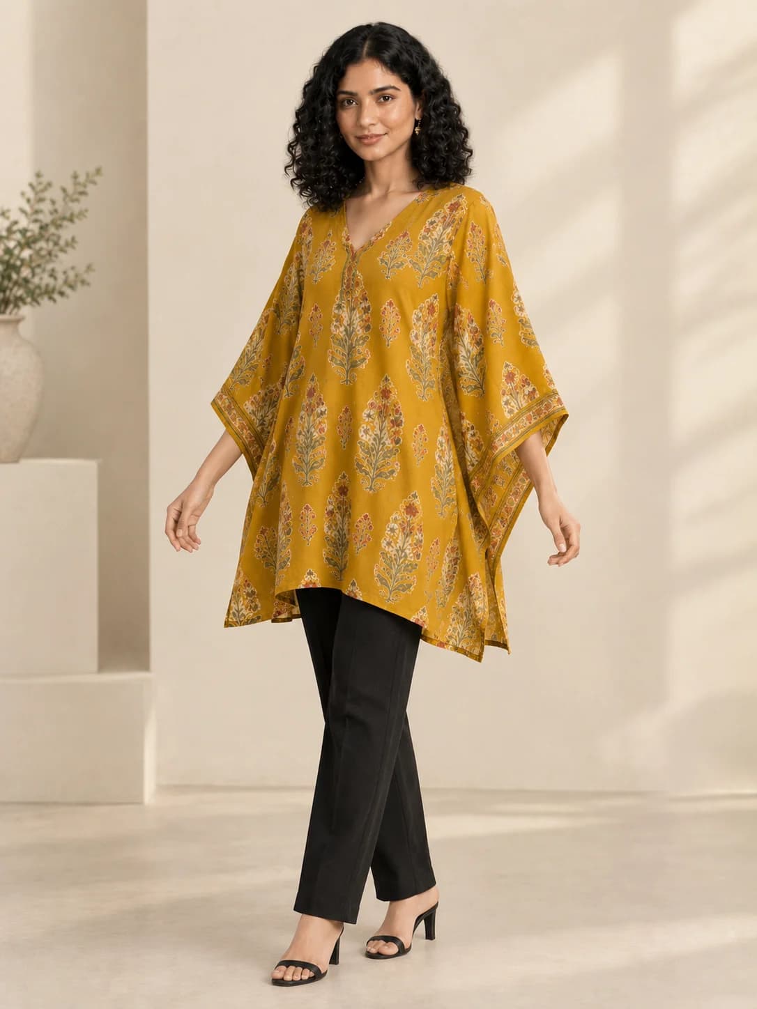 Mustard Block-Print Kaftan Top product image — Mustard thumbnail 2