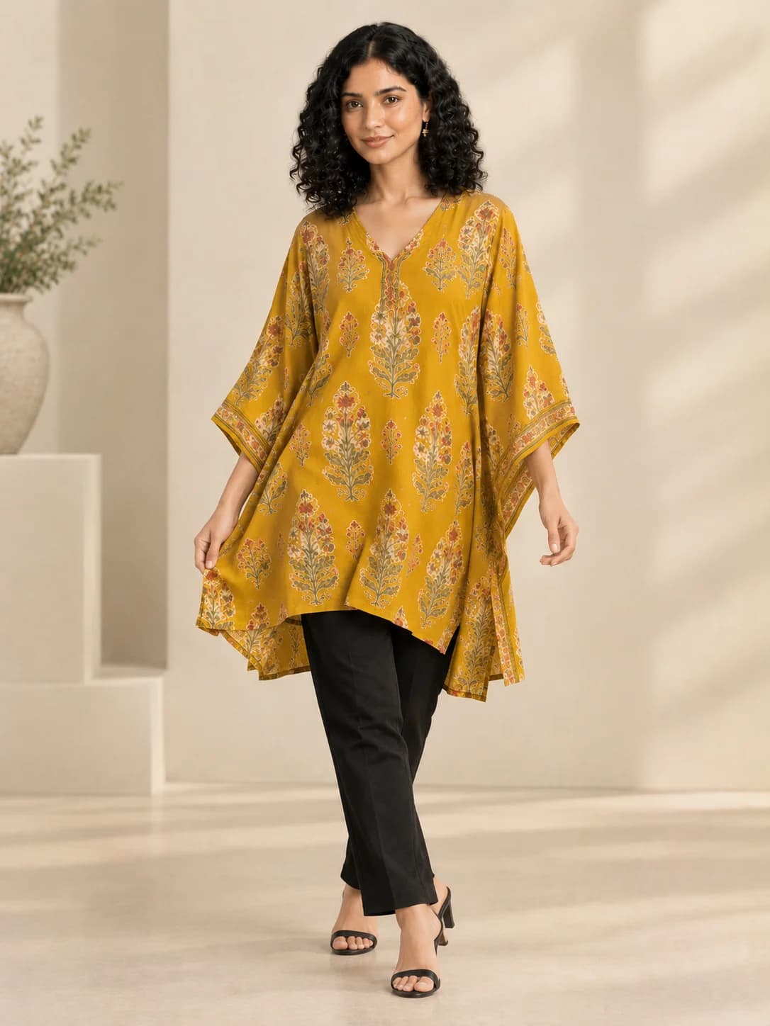 Mustard Block-Print Kaftan Top product image — Mustard thumbnail 3