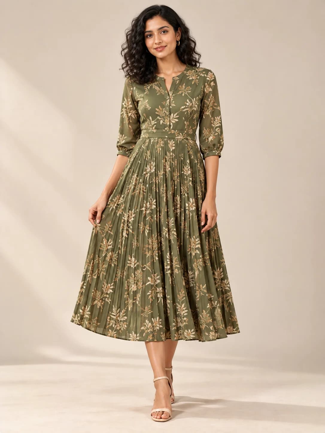Olive Viscose Printed Pleated Midi product image — Olive — image 1
