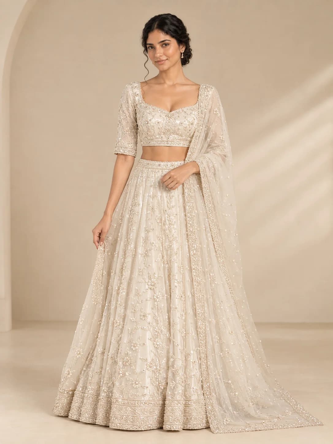 White Pearl Bridal Lehenga Set product image — White — image 1