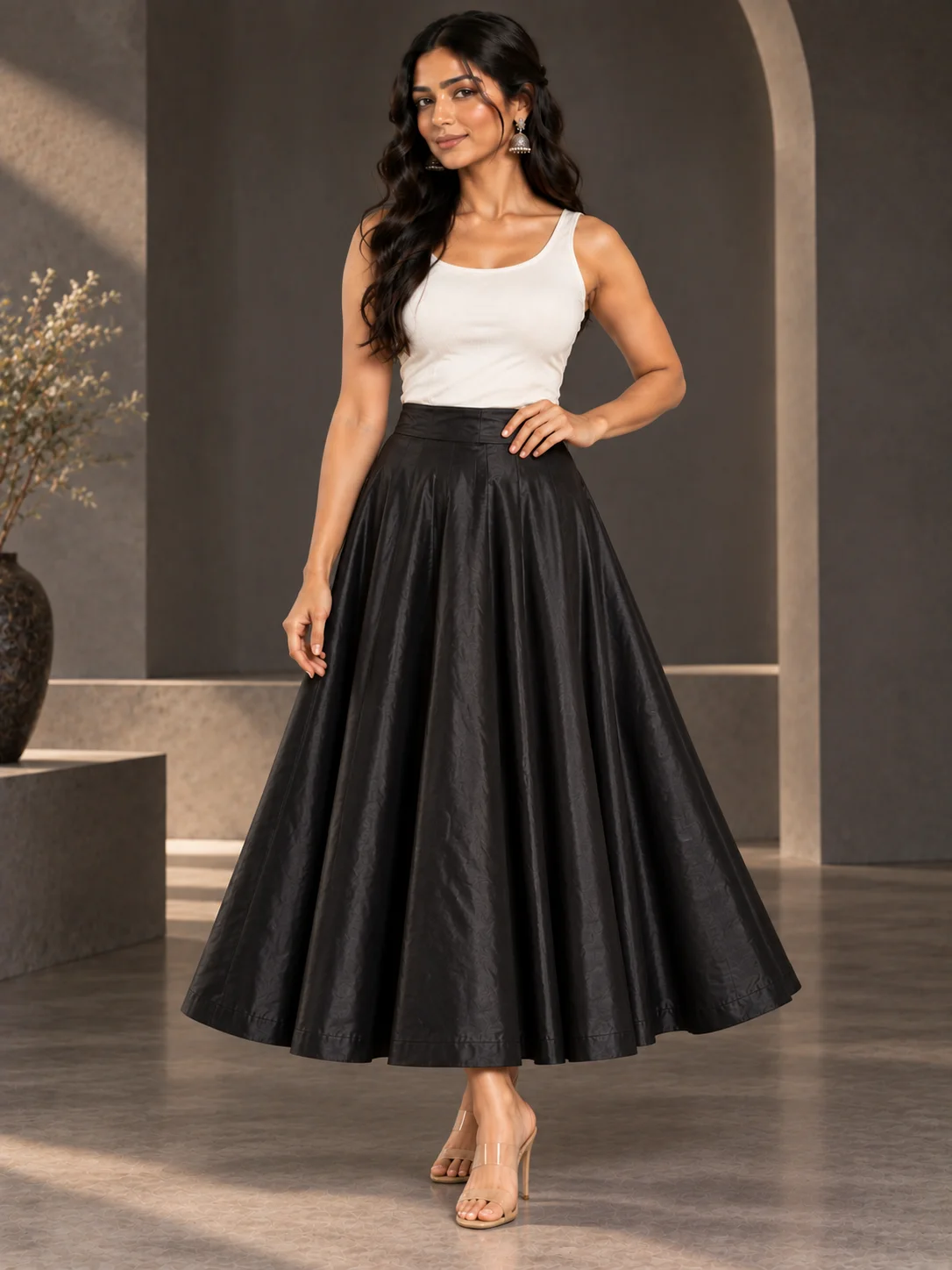 Black Silk Blend Flared Skirt
