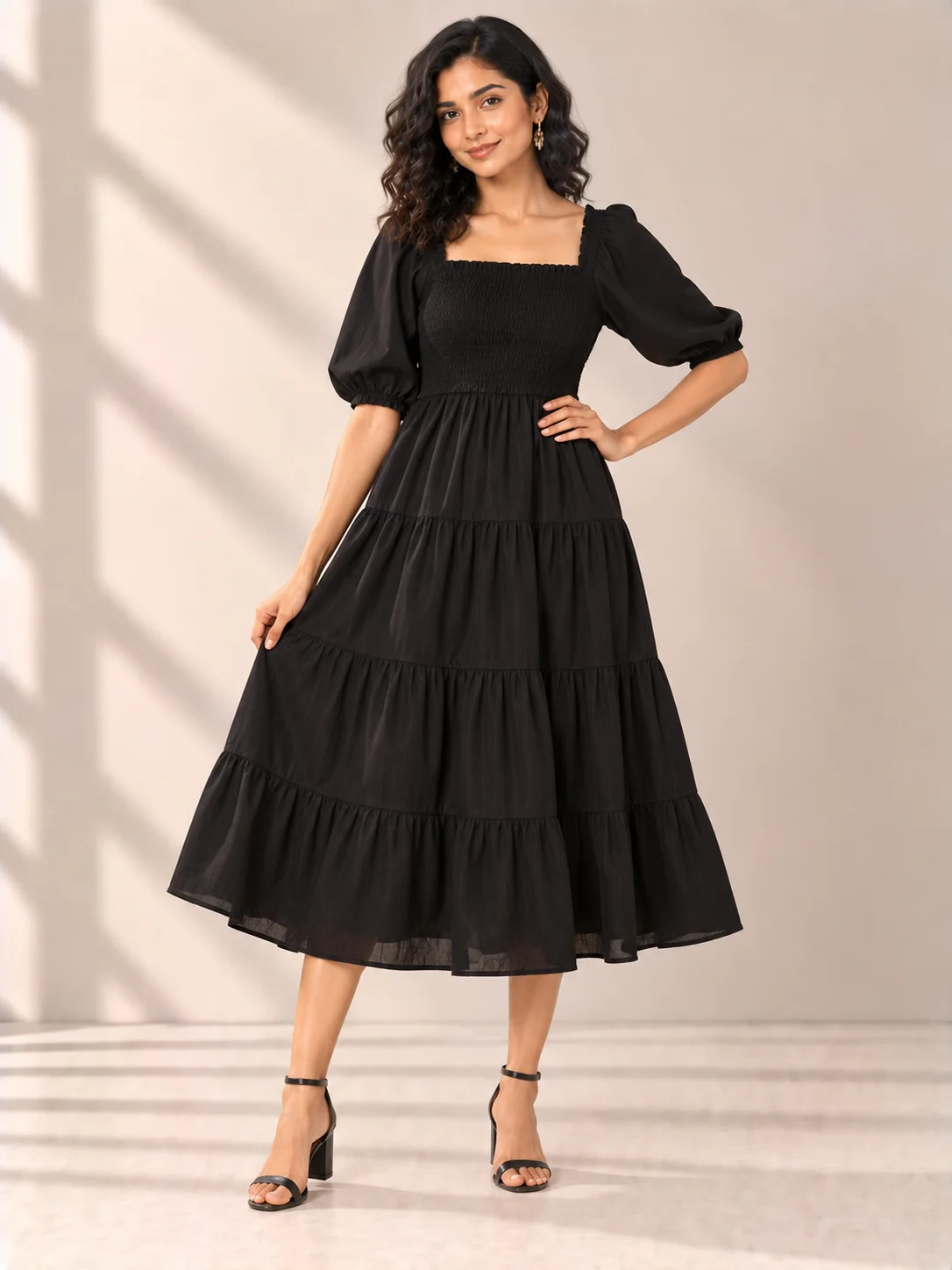 Black Rayon Smocked Tiered Midi Dress