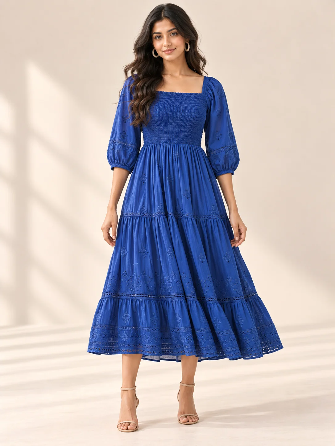 Cobalt Blue Smocked Boho Midi Dress