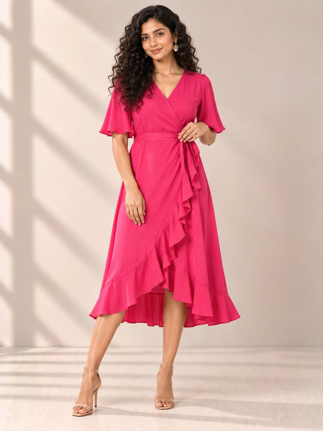 Hot Pink Ruffle Wrap Dress