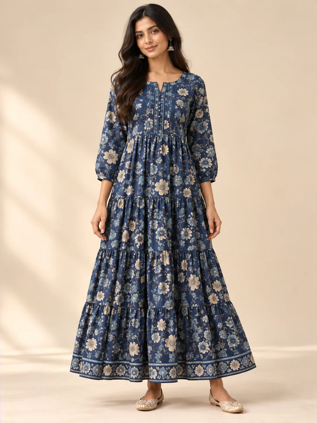 Indigo Cotton Floral Tiered Dress — AURELIA