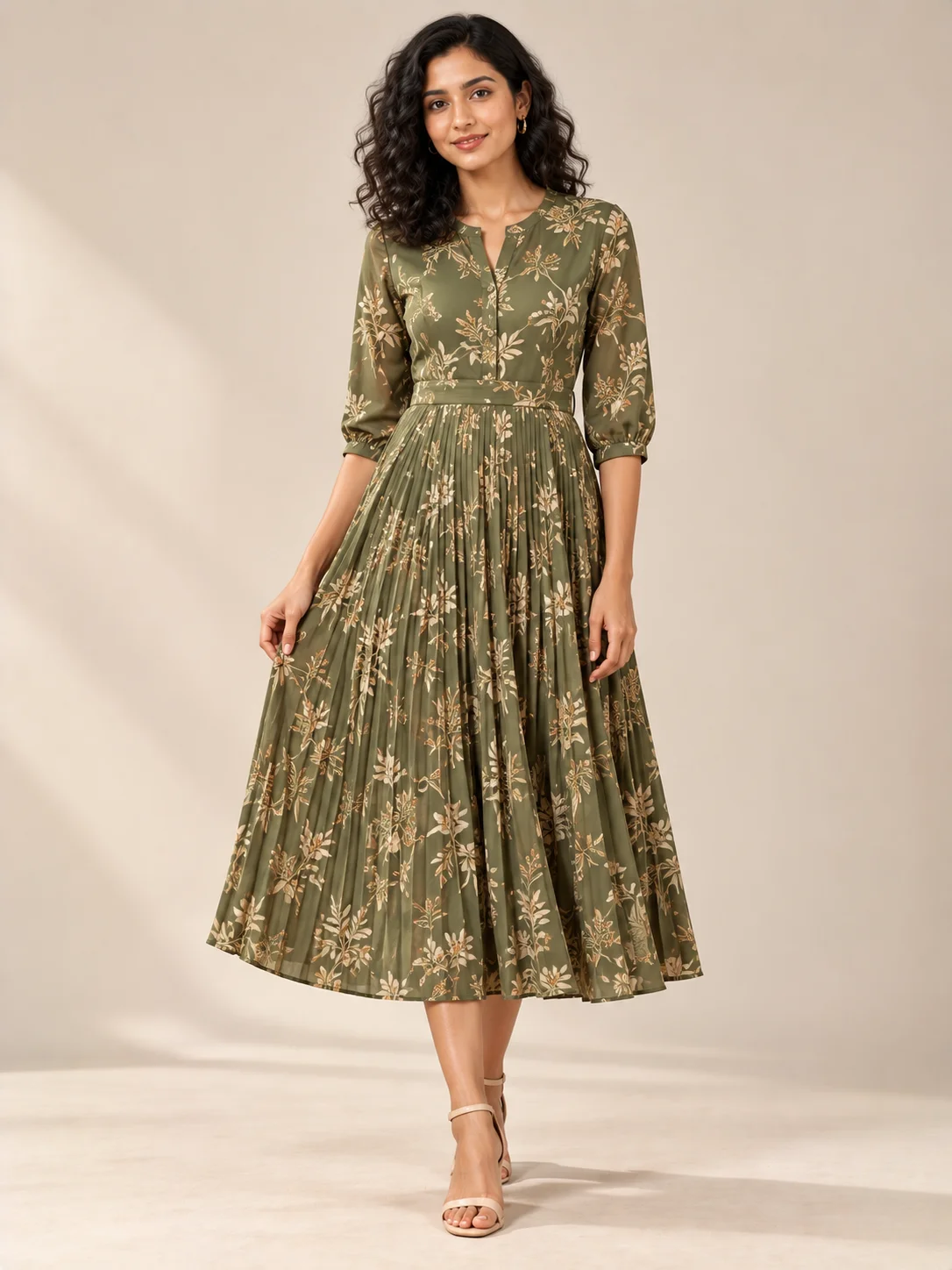 Olive Viscose Printed Pleated Midi