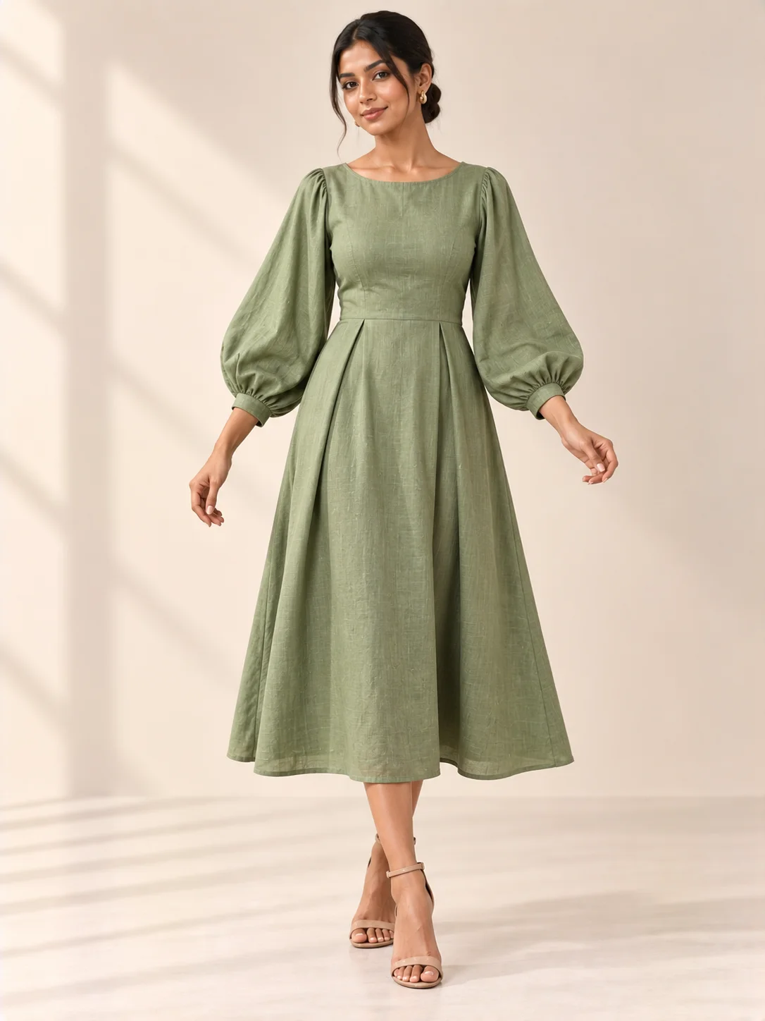 Sage Green Linen Balloon-Sleeve Midi Dress