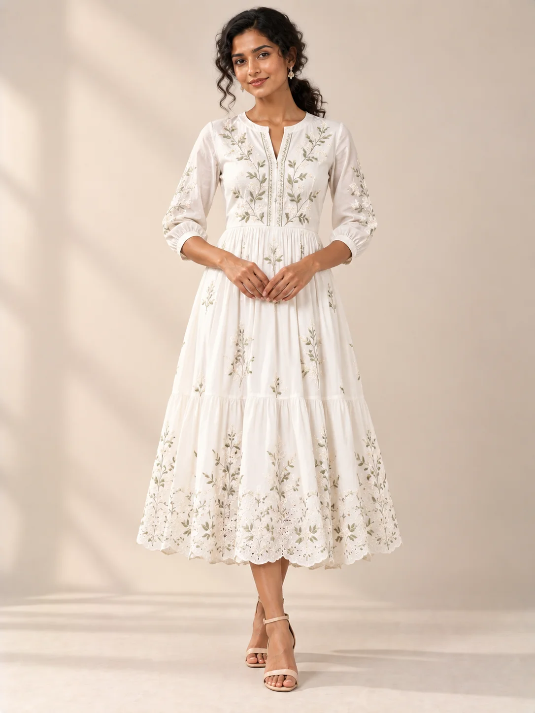 White Cotton Embroidered Midi Dress