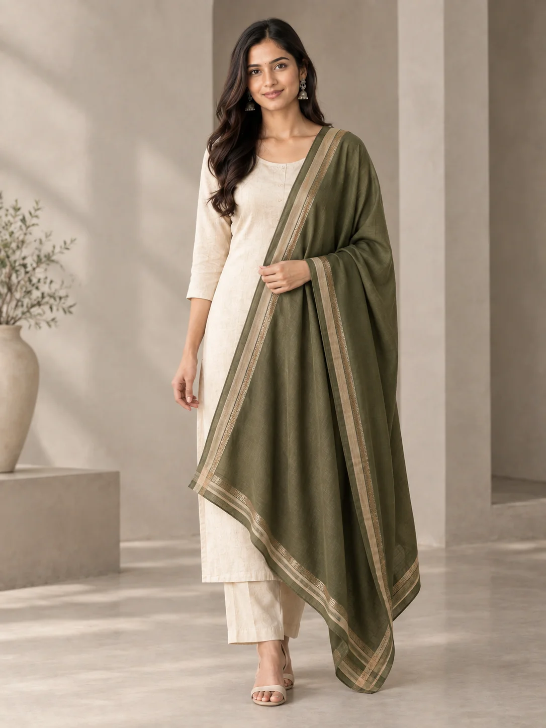 Olive Viscose Bordered Dupatta